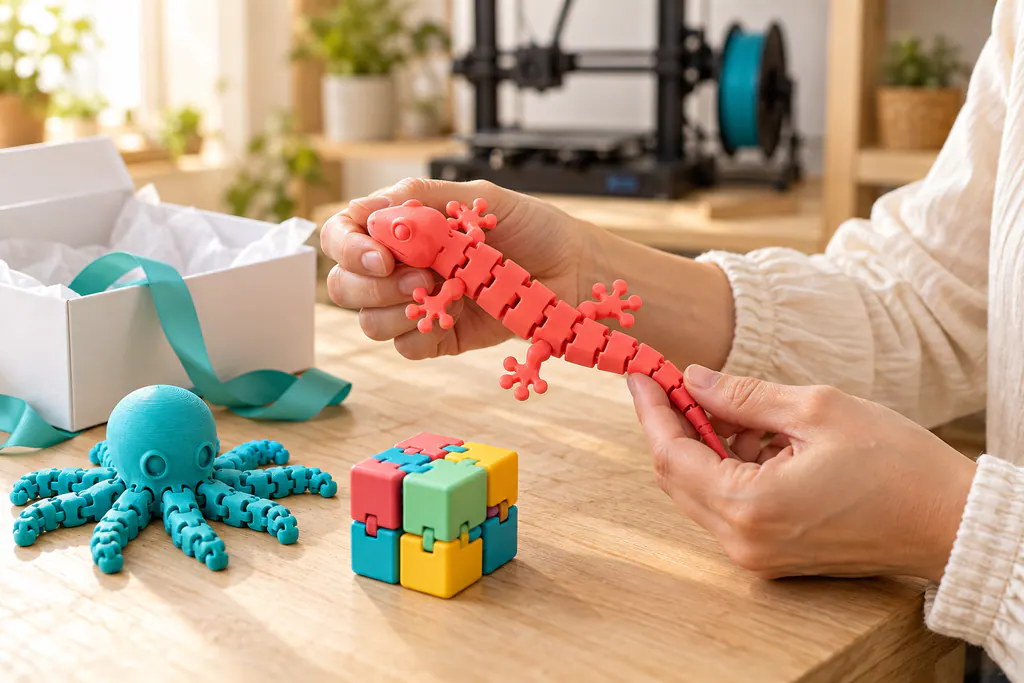 Mãos testando as articulações de uma lagartixa articulada impressa em 3D antes de embalar