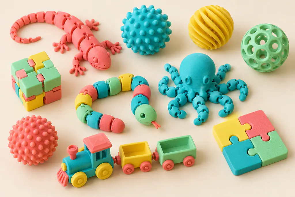 Brinquedos impressos em 3D coloridos sobre fundo creme
