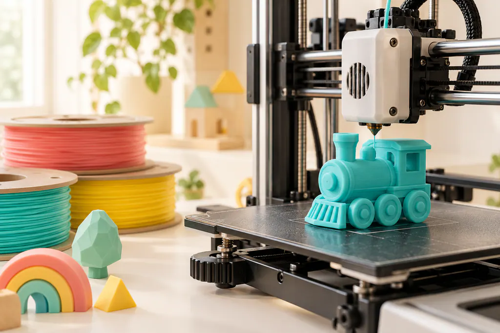 Impressora 3D imprimindo um trenzinho turquesa