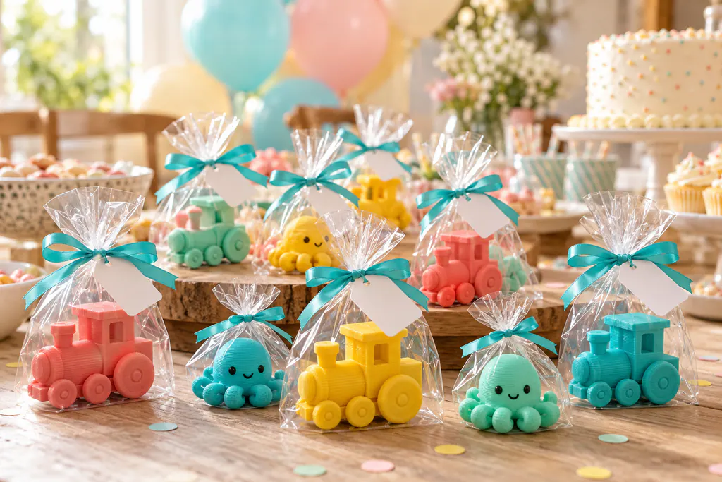 Lembrancinhas de festa com mini trenzinhos e polvinhos impressos em 3D
