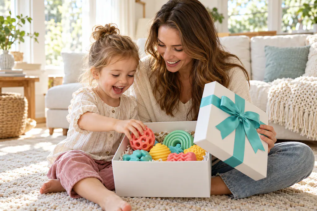 Mãe e filha abrindo caixa de presente com brinquedos sensoriais