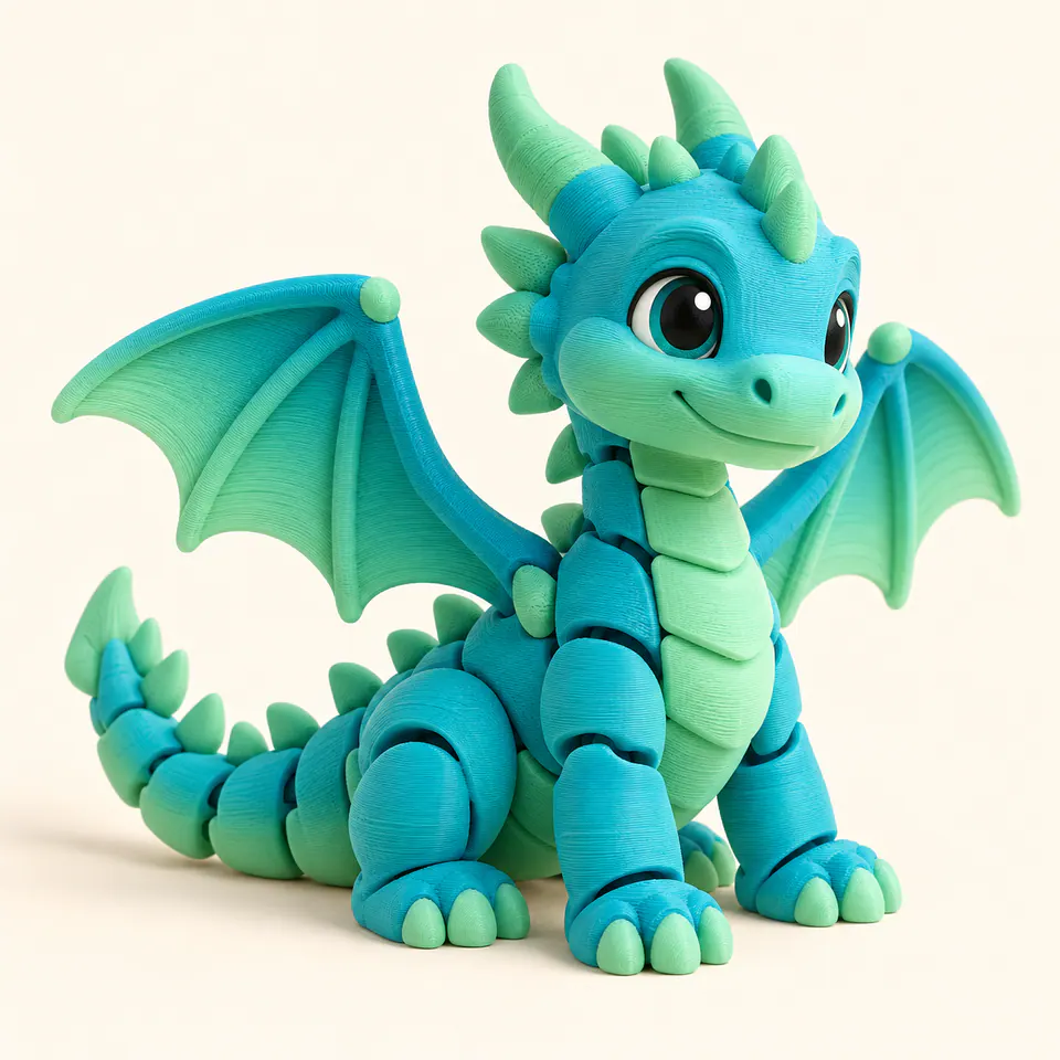 Dragão articulado turquesa e menta impresso em 3D